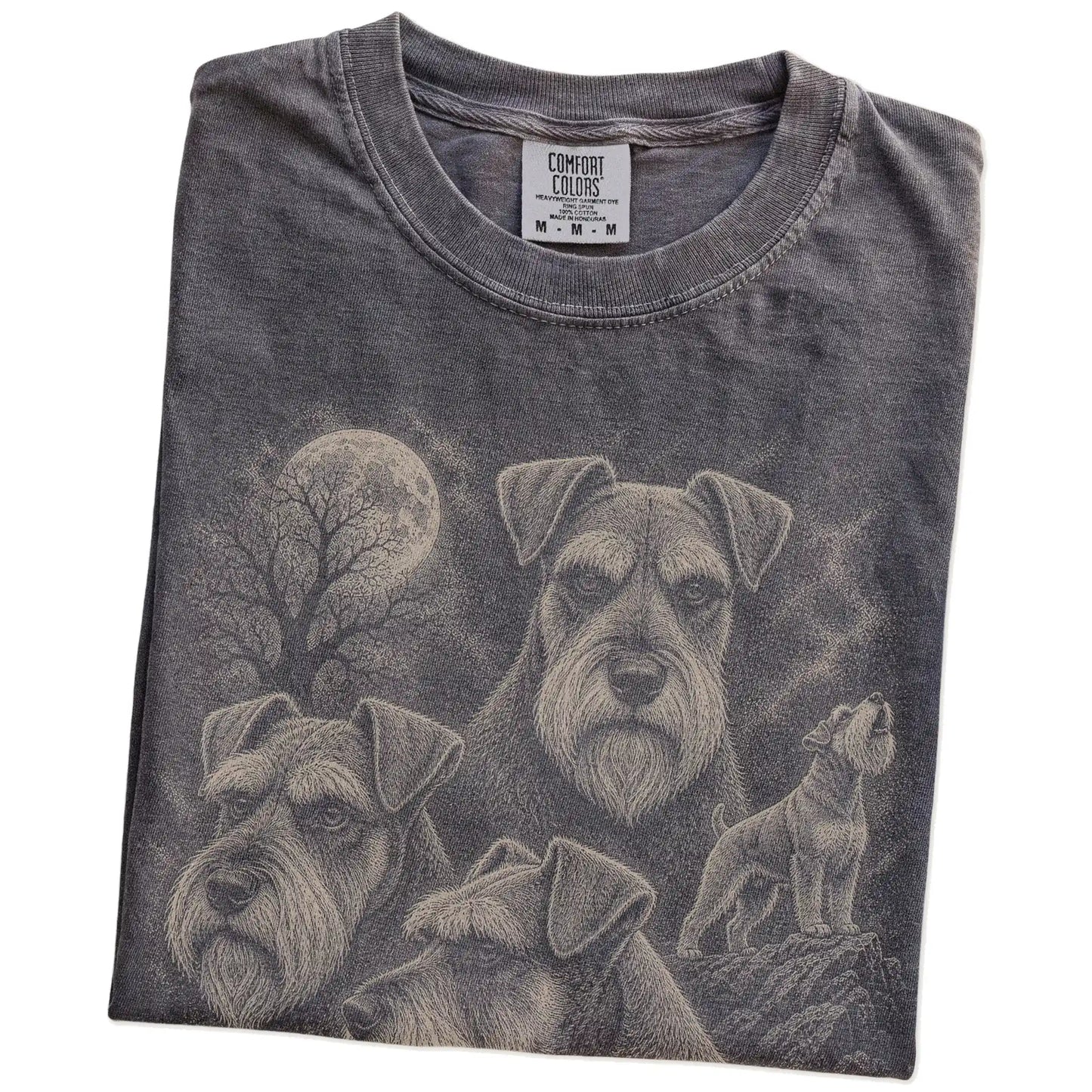Folded Pepper Comfort Colors® T-shirt showing a vintage moon montage featuring Schnauzer