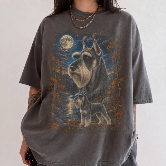 Model wearing a pepper T-shirt with Schnauzer Autumn Moon artwork.