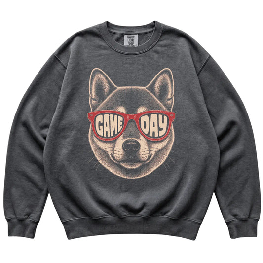 Shiba Inu Game Day design on a Pepper sweatshirt, flat lay