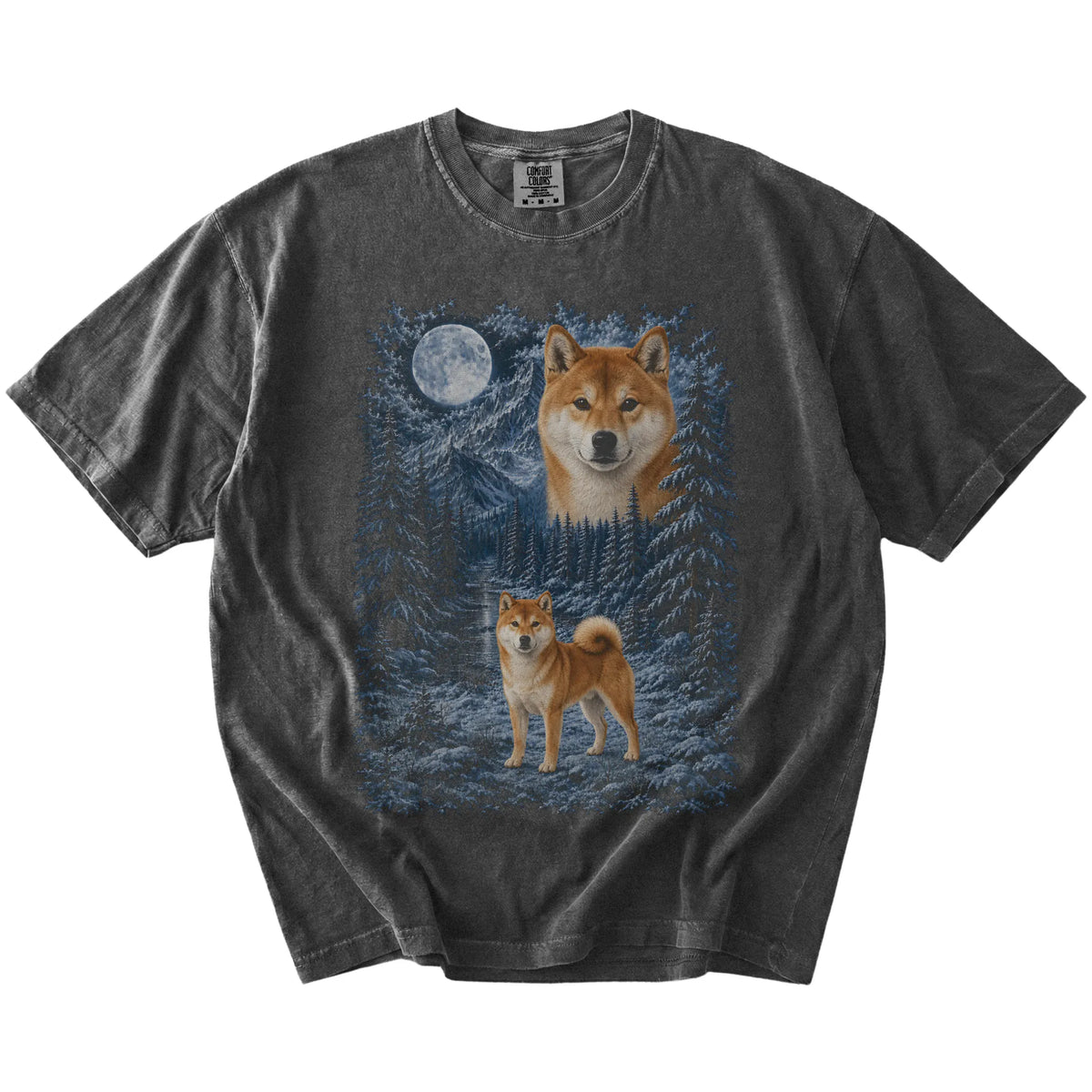 pepper T-shirt with Shiba Inu Winter Moon artwork.