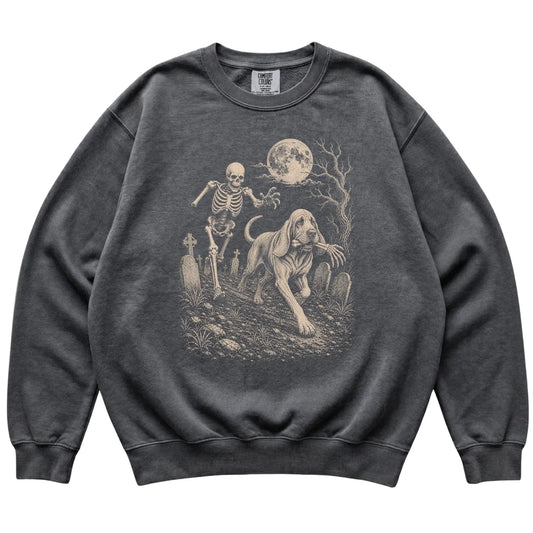 Pepper Skeleton Chase Bloodhound Comfort Colors sweatshirt, flat view