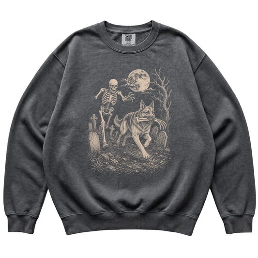 Pepper Skeleton Chase German Shepherd Comfort Colors sweatshirt, flat view