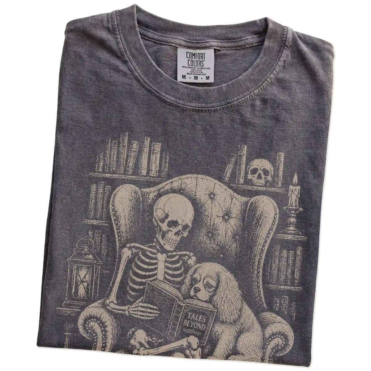 Folded Pepper Comfort Colors® T-shirt showing skeleton reading in a library beside a Cavalier King Charles Spaniel