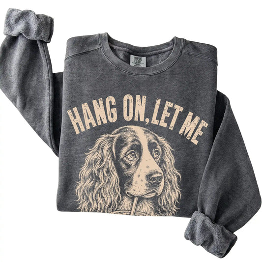 Pepper Comfort Colors sweatshirt featuring Springer Spaniel Iced Coffee Overthink, folded presentation