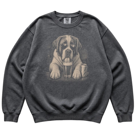 Pepper St Bernard drinking from a pint at a bar, laid flat