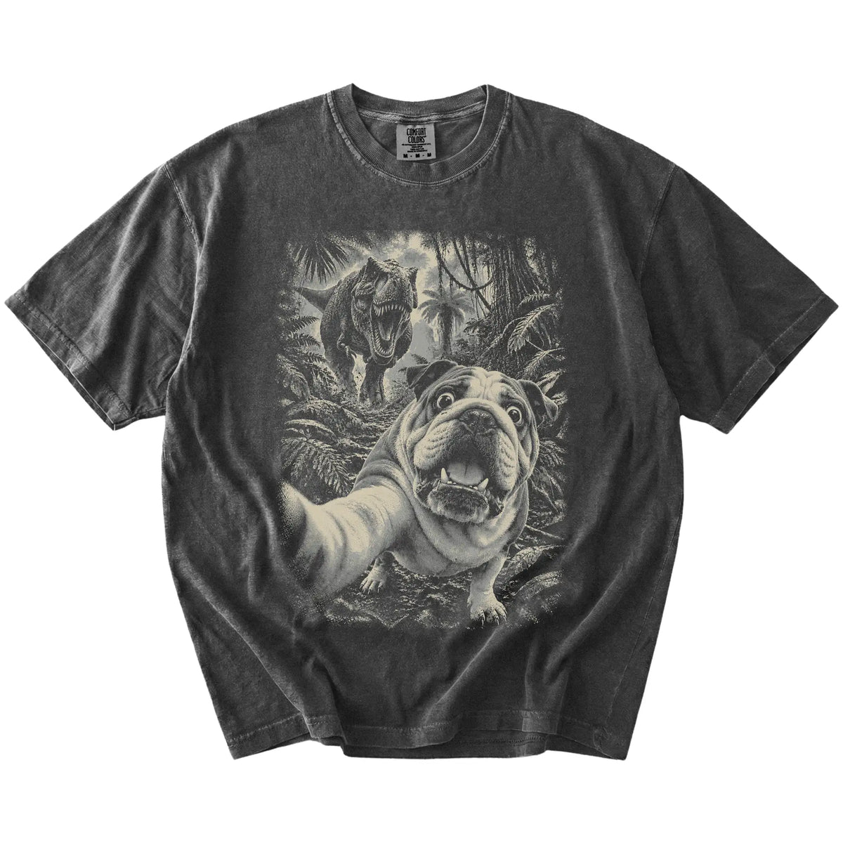 T-Rex Selfie English Bulldog Comfort Colors 1717 T-Shirt in Pepper, flat lay