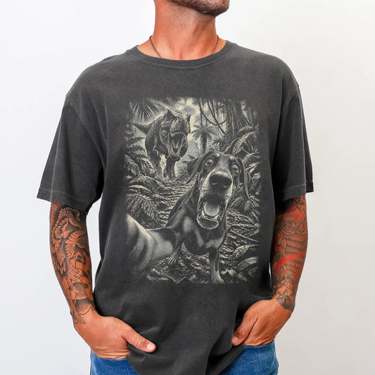 T-Rex Selfie Doberman Comfort Colors 1717 T-Shirt in Pepper, studio lifestyle