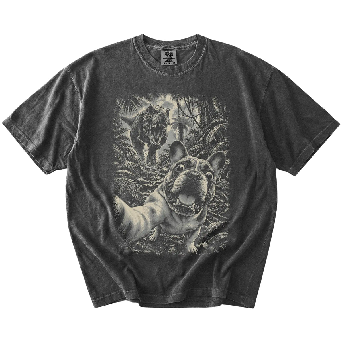T-Rex Selfie French Bulldog Comfort Colors 1717 T-Shirt in Pepper, flat lay