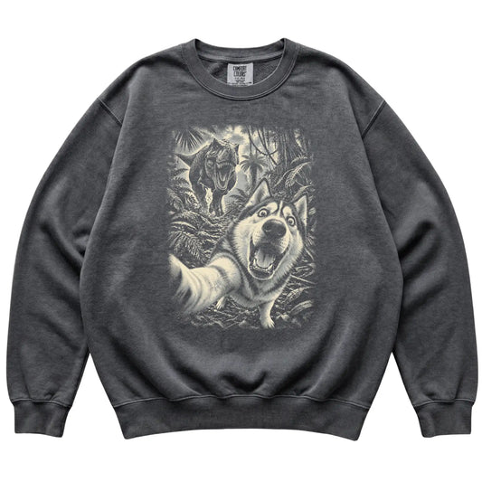 T-Rex Selfie Husky Comfort Colors 1566 Sweatshirt in Pepper, flat lay