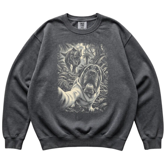 T-Rex Selfie Mastiff Comfort Colors 1566 Sweatshirt in Pepper, flat lay