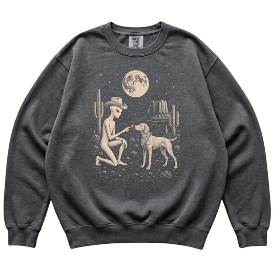 Pepper Comfort Colors® sweatshirt featuring Vizsla Cowboy and Alien, laid-flat presentation