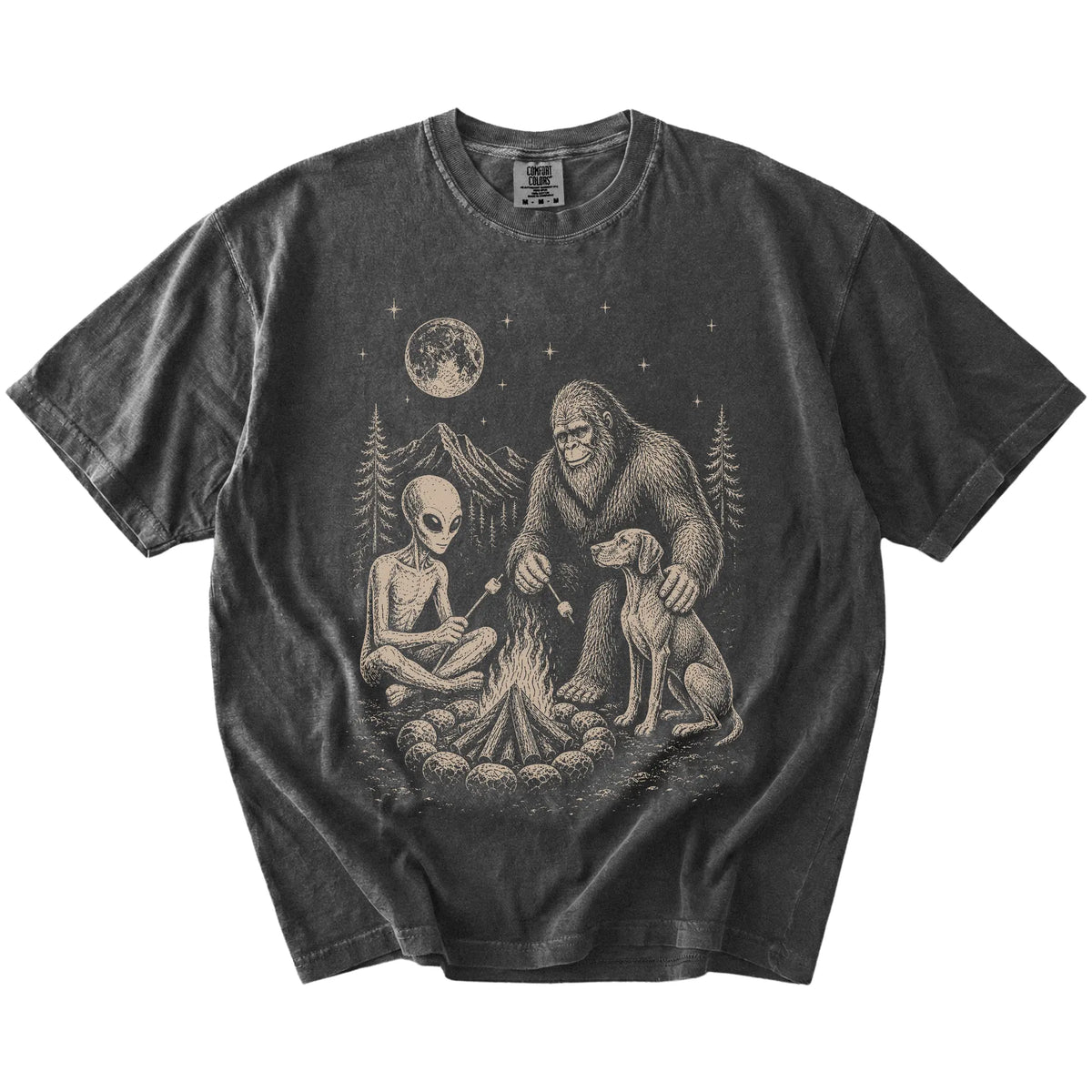 Vizsla camping with Bigfoot and an alien on a Pepper Comfort Colors® T-shirt