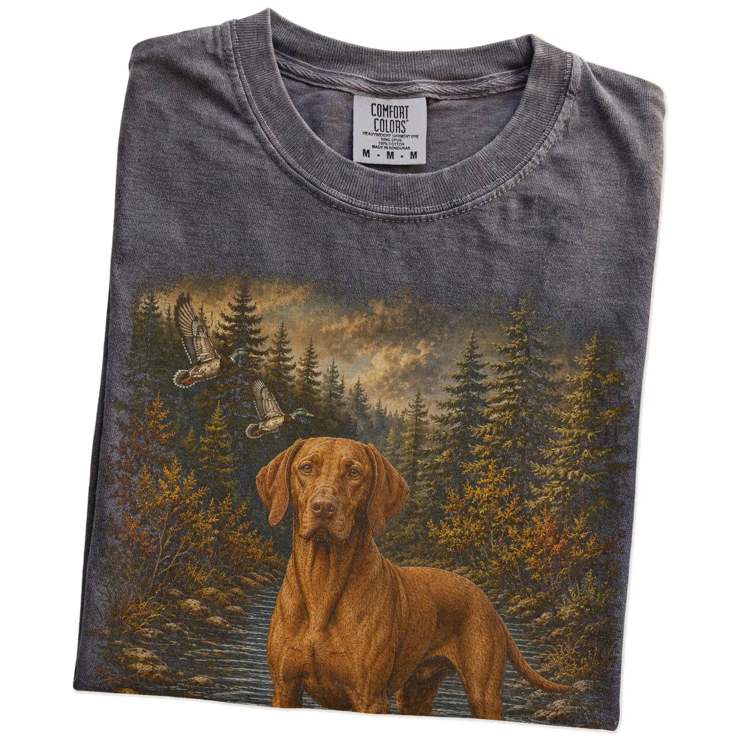 Folded Pepper Vizsla Duck Hunting T-Shirt showing the graphic