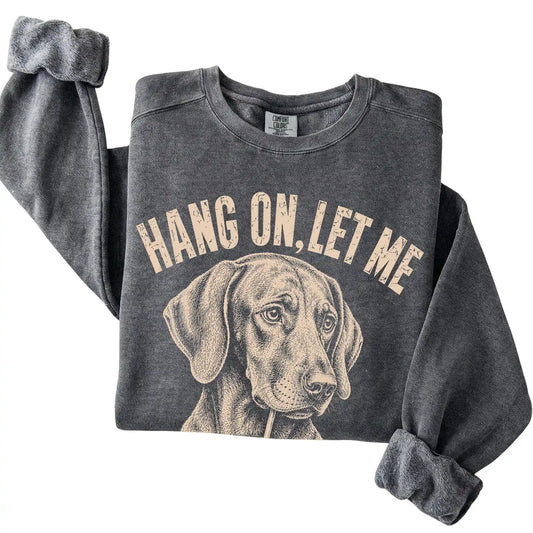 Pepper Comfort Colors sweatshirt featuring Vizsla Iced Coffee Overthink, folded presentation