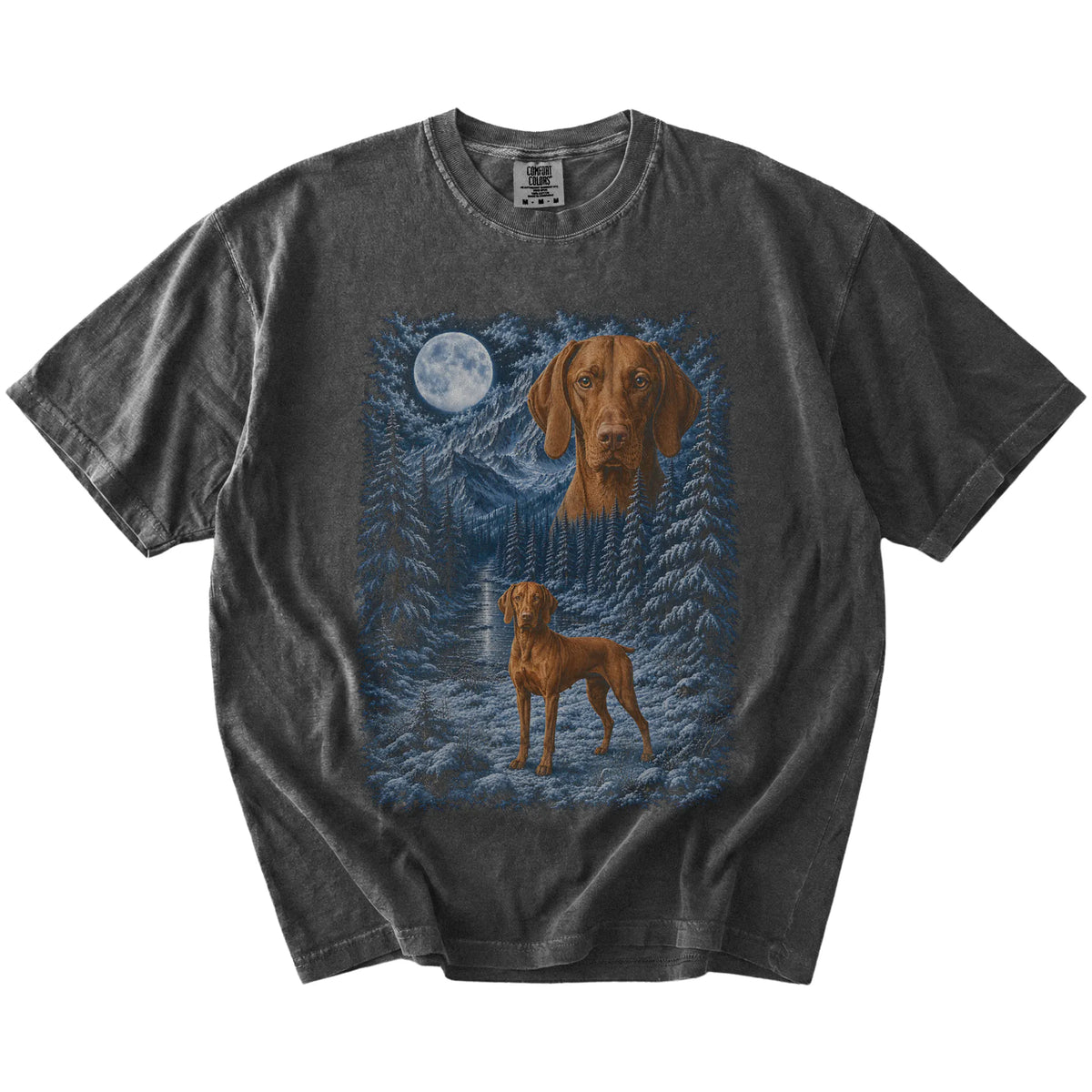pepper T-shirt with Vizsla Winter Moon artwork.