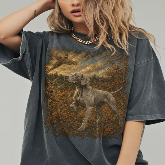 Woman wearing a Pepper Weimaraner Pheasant Hunting T-Shirt