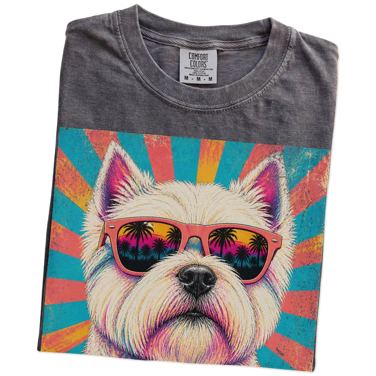 Retro Westie Mama design on a Pepper Comfort Colors T-shirt folded detail