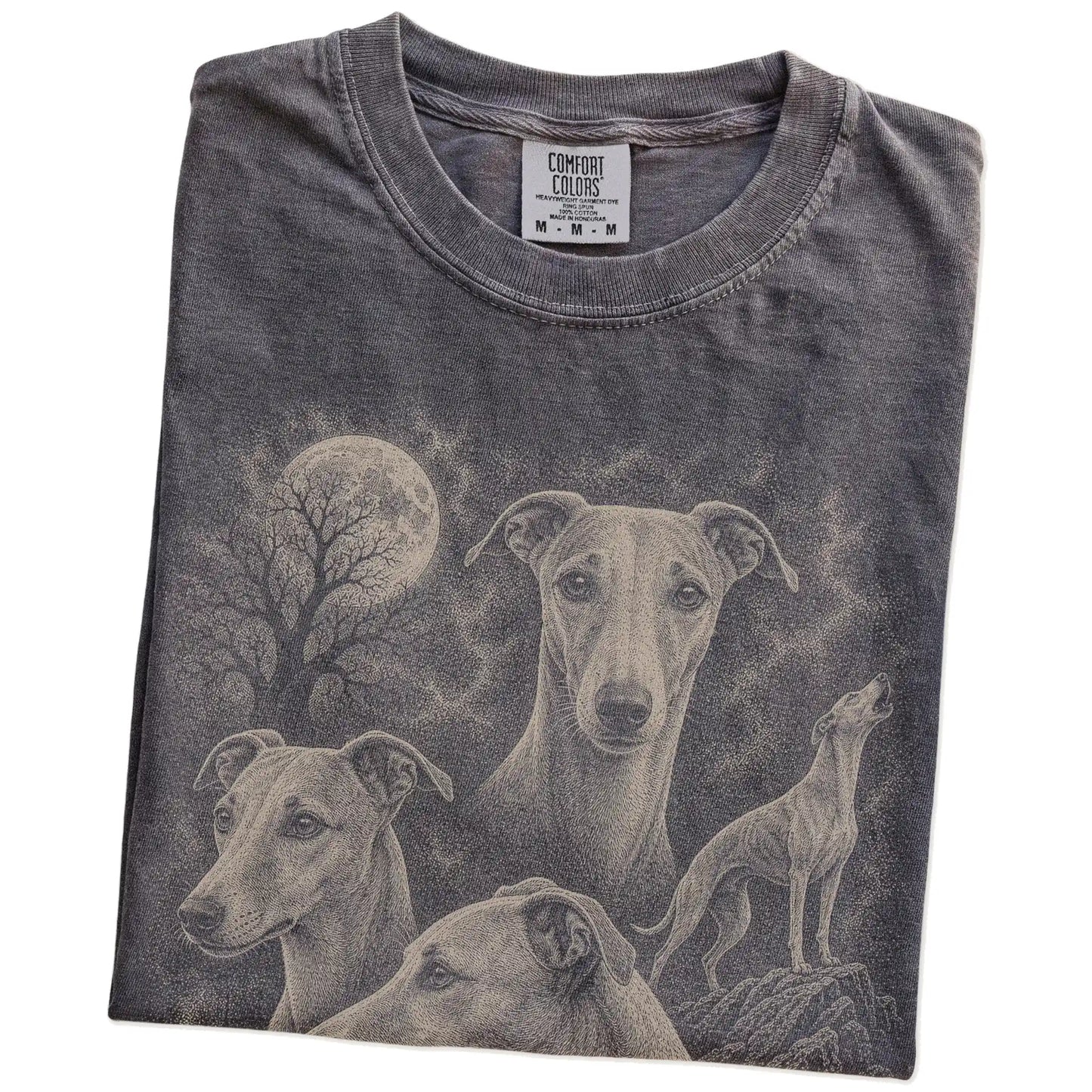 Folded Pepper Comfort Colors® T-shirt showing a vintage moon montage featuring Whippet