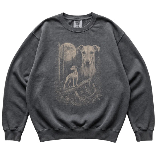 Pepper Whippet Moonlit Forest Comfort Colors sweatshirt, flat view