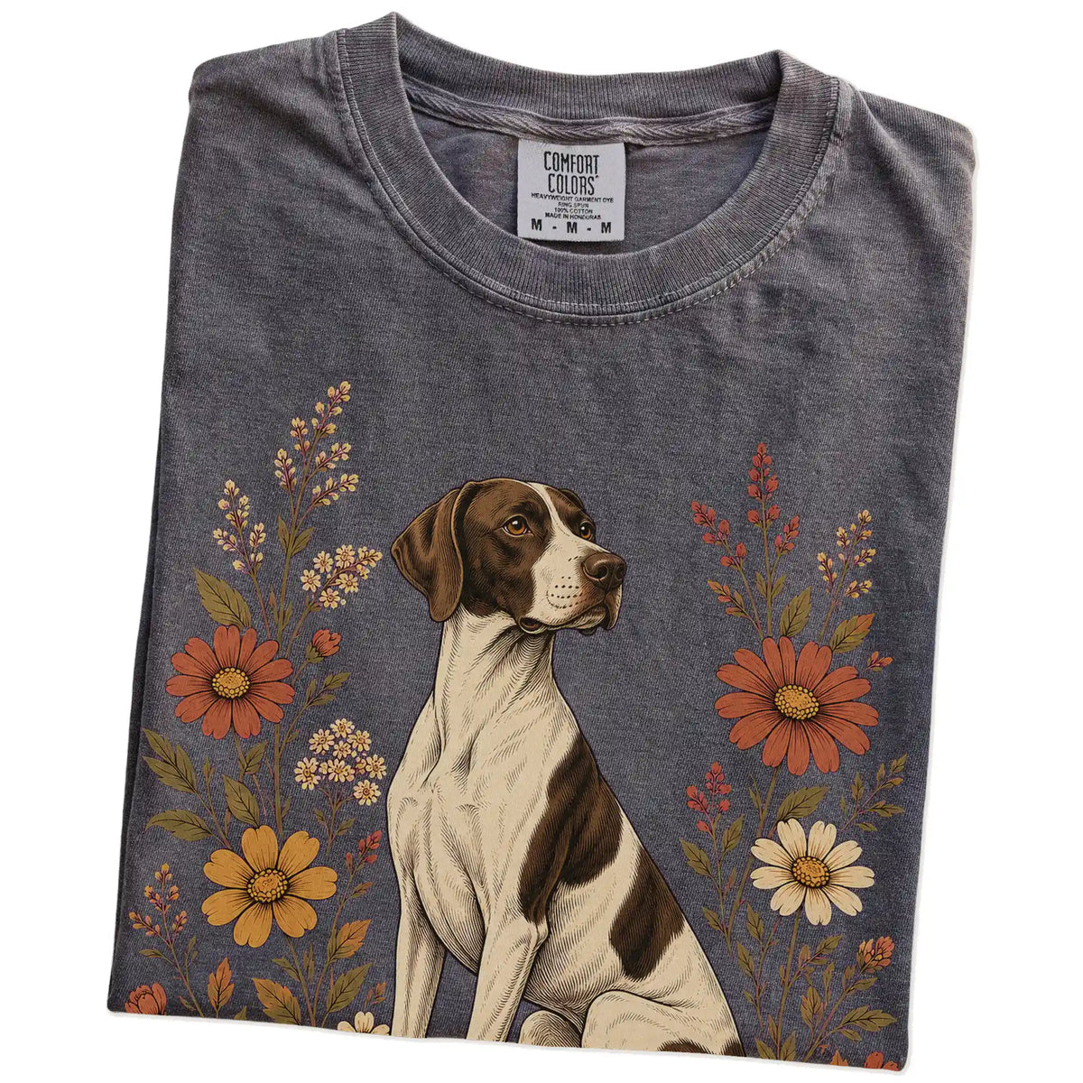 Folded Pepper Comfort Colors® T-shirt showing Pointer portrait surrounded by wildflowers beneath the moon