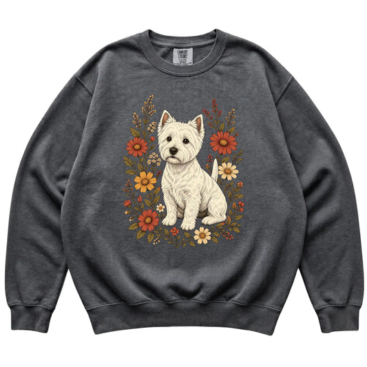 Pepper Comfort Colors® sweatshirt with Westie portrait and wildflowers, flat lay