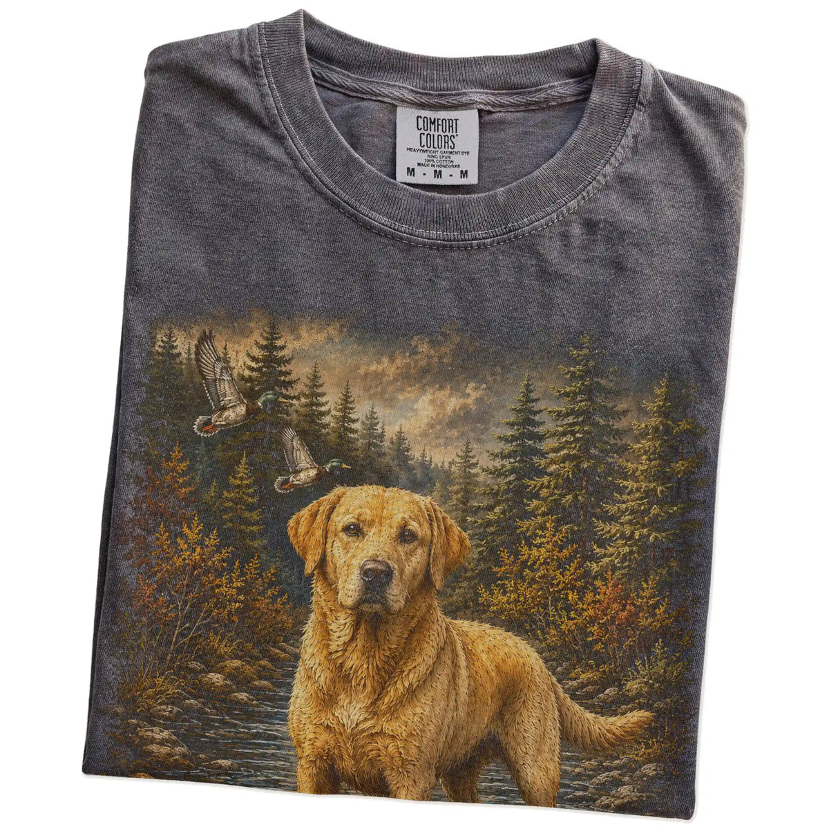 Folded Pepper Yellow Lab Duck Hunting T-Shirt showing the graphic