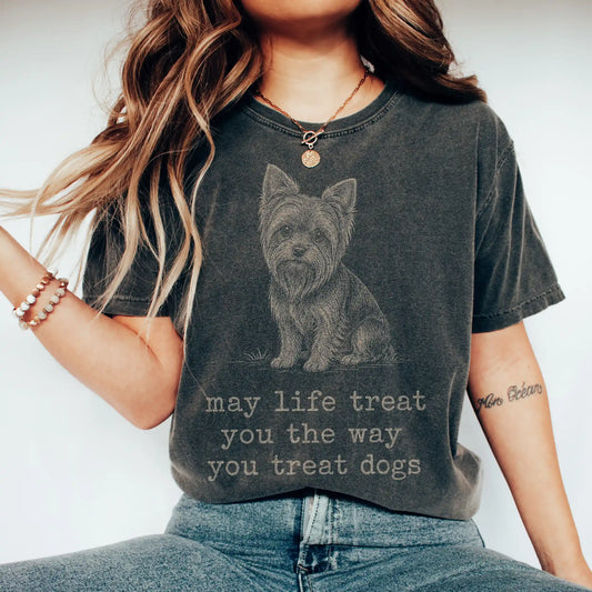 Woman wearing a Pepper Yorkie Karma T-Shirt