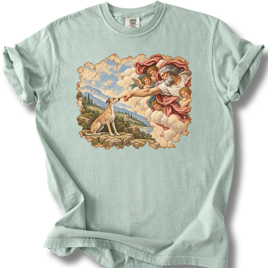 Greyhound Creation of Adam design on a bay T-shirt