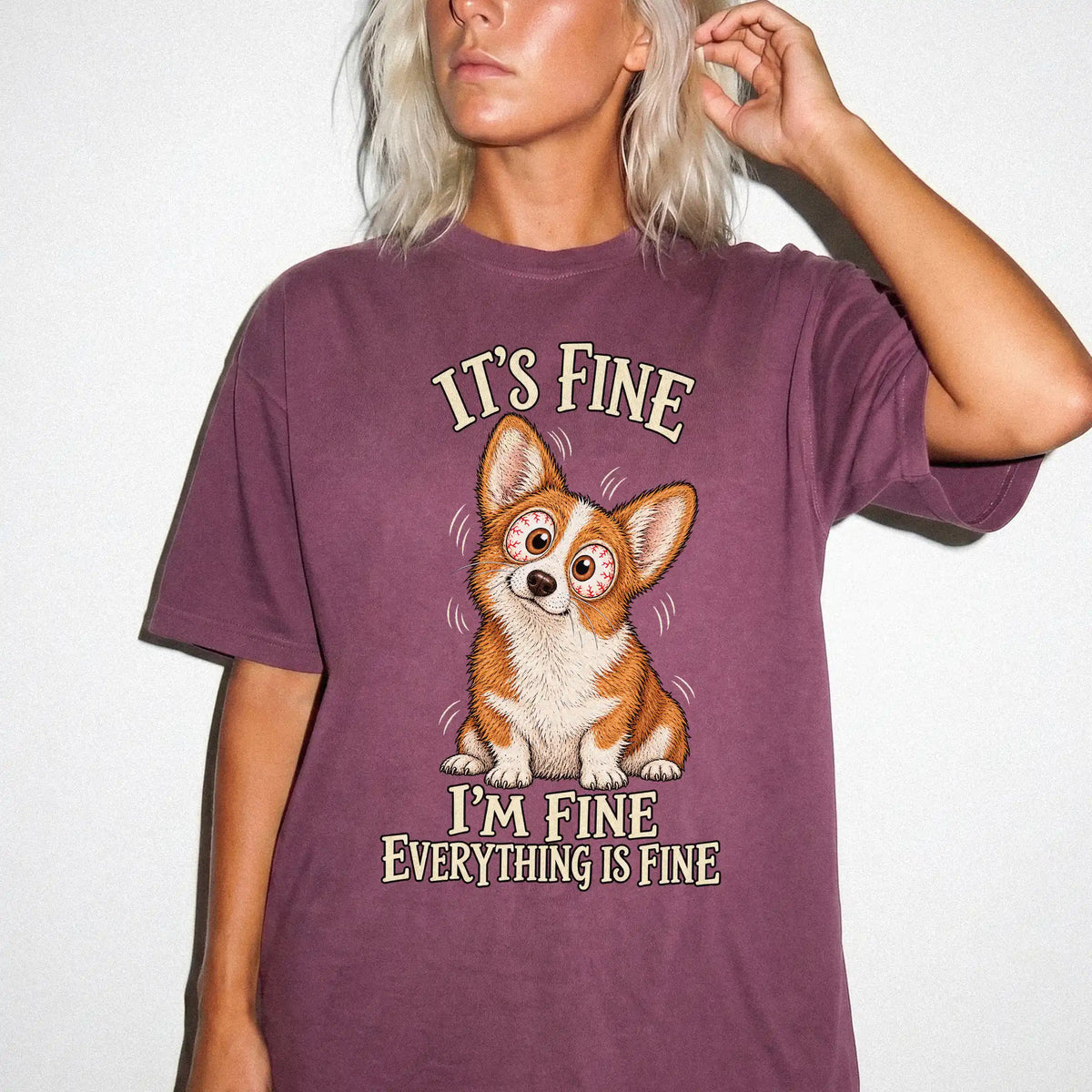 Corgi Everything Is Fine Comfort Colors T-shirt in Berry lifestyle