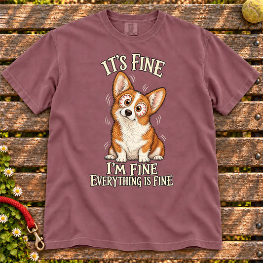 Corgi Everything Is Fine Comfort Colors T-shirt in Berry flat lay