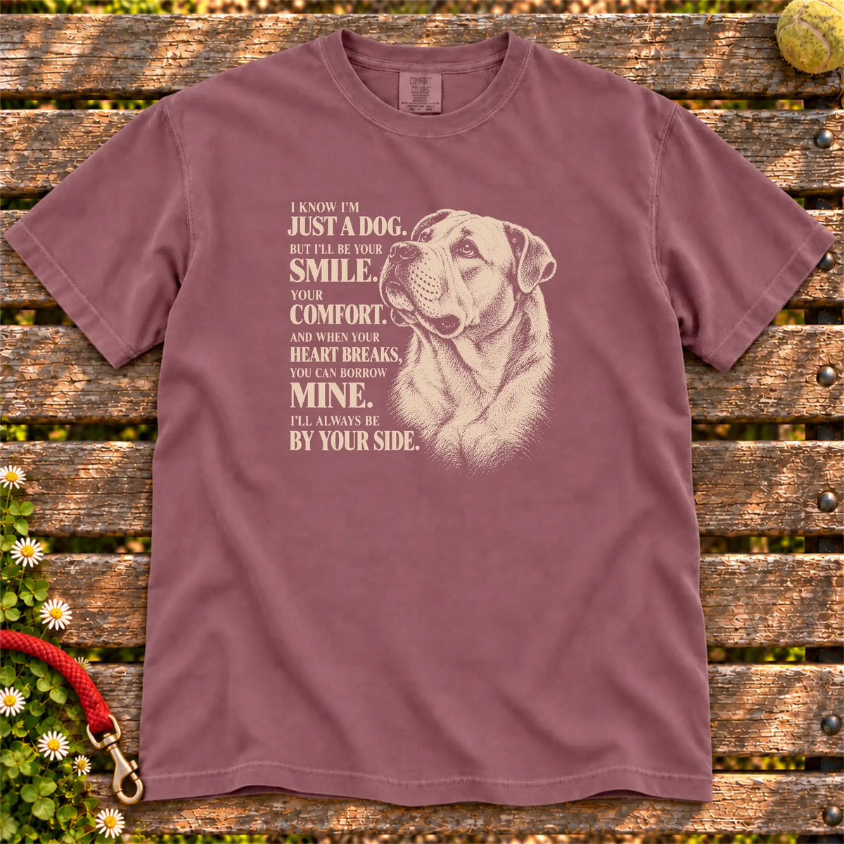 Berry Comfort Colors® T-shirt featuring the American Bulldog By Your Side design.