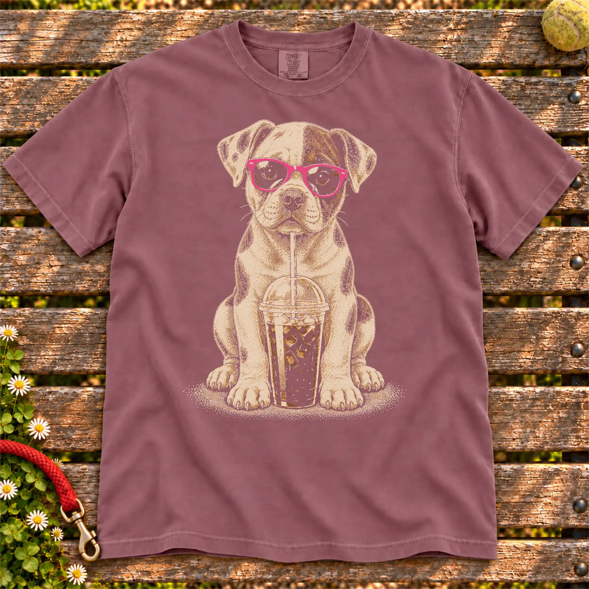 Berry Comfort Colors® T-shirt featuring the American Bulldog Cold Coffee design.