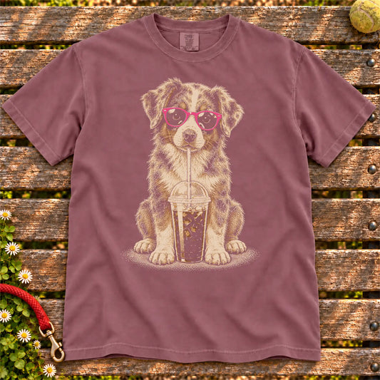 Berry Comfort Colors® T-shirt featuring the Australian Shepherd Cold Coffee design.