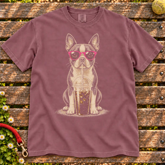 Berry Comfort Colors® T-shirt featuring the Boston Terrier Cold Coffee design.
