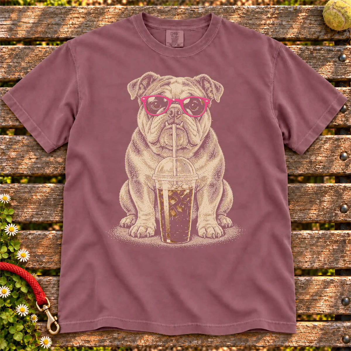 Berry Comfort Colors® T-shirt featuring the Bulldog Cold Coffee design.