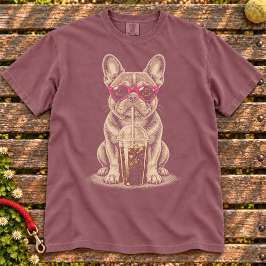 Berry Comfort Colors® T-shirt featuring the French Bulldog Cold Coffee design.