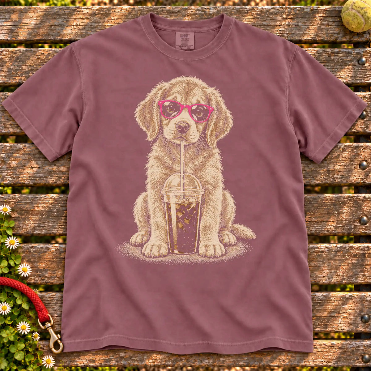 Berry Comfort Colors® T-shirt featuring the Golden Retriever Cold Coffee design.
