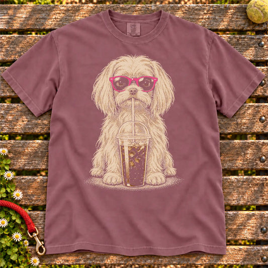Berry Comfort Colors® T-shirt featuring the Maltese Cold Coffee design.