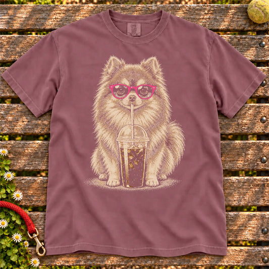 Berry Comfort Colors® T-shirt featuring the Pomeranian Cold Coffee design.