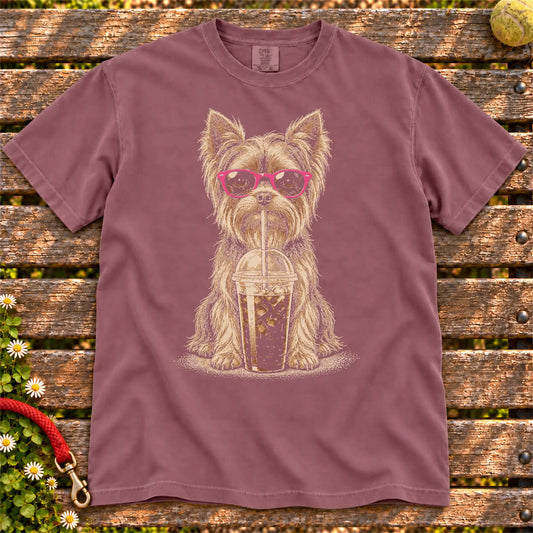Berry Comfort Colors® T-shirt featuring the Yorkie Cold Coffee design.