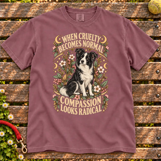 Compassion Looks Radical Border Collie design on a Berry Comfort Colors T-shirt