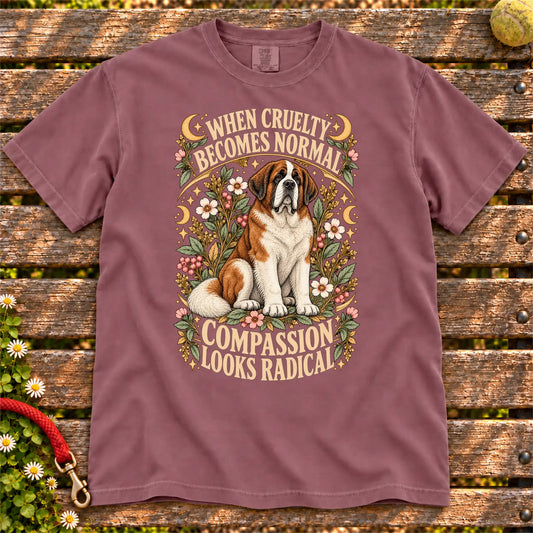 Compassion Looks Radical Saint Bernard design on a Berry Comfort Colors T-shirt
