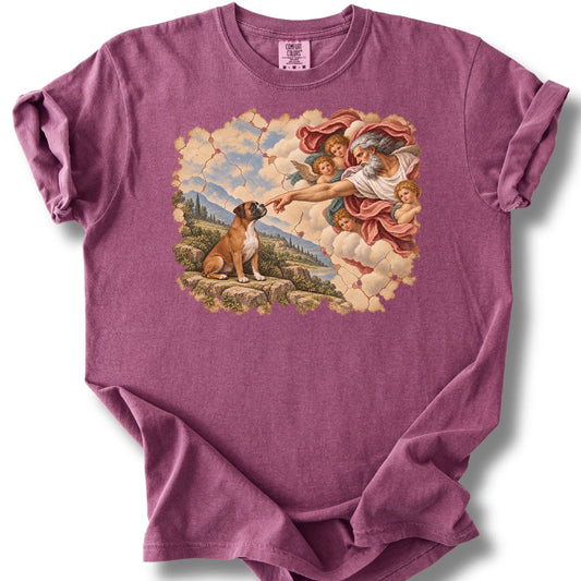 Boxer Creation of Adam design on a berry T-shirt