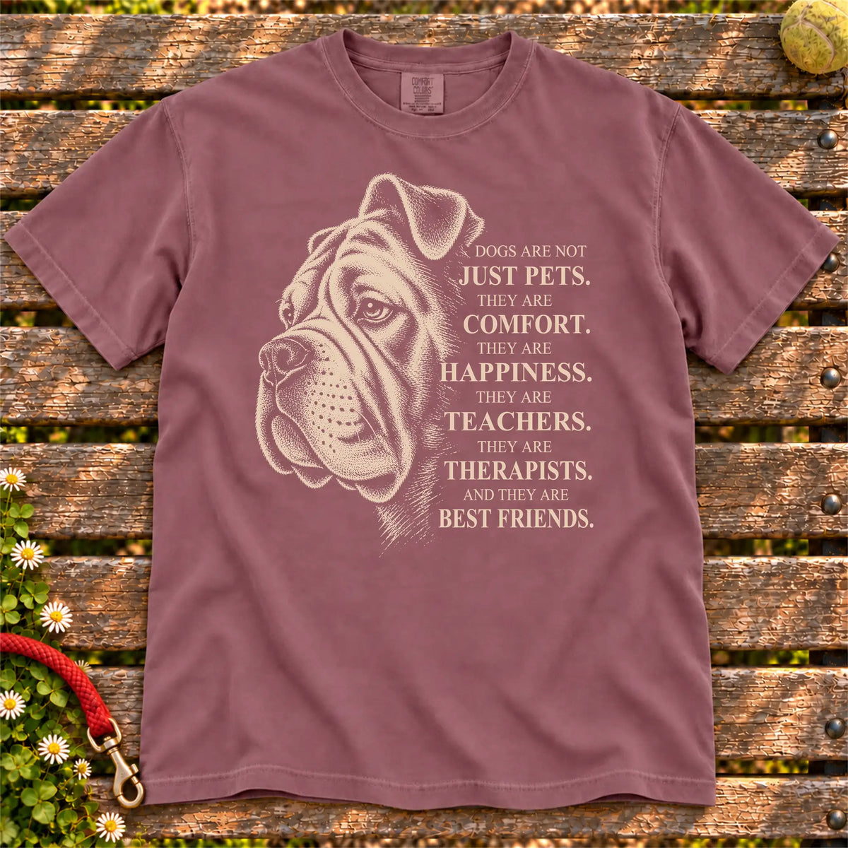 Dogs Are Not Just Pets American Bulldog text design on a Berry Comfort Colors T-shirt