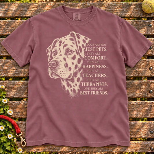 Dogs Are Not Just Pets Dalmatian text design on a Berry Comfort Colors T-shirt