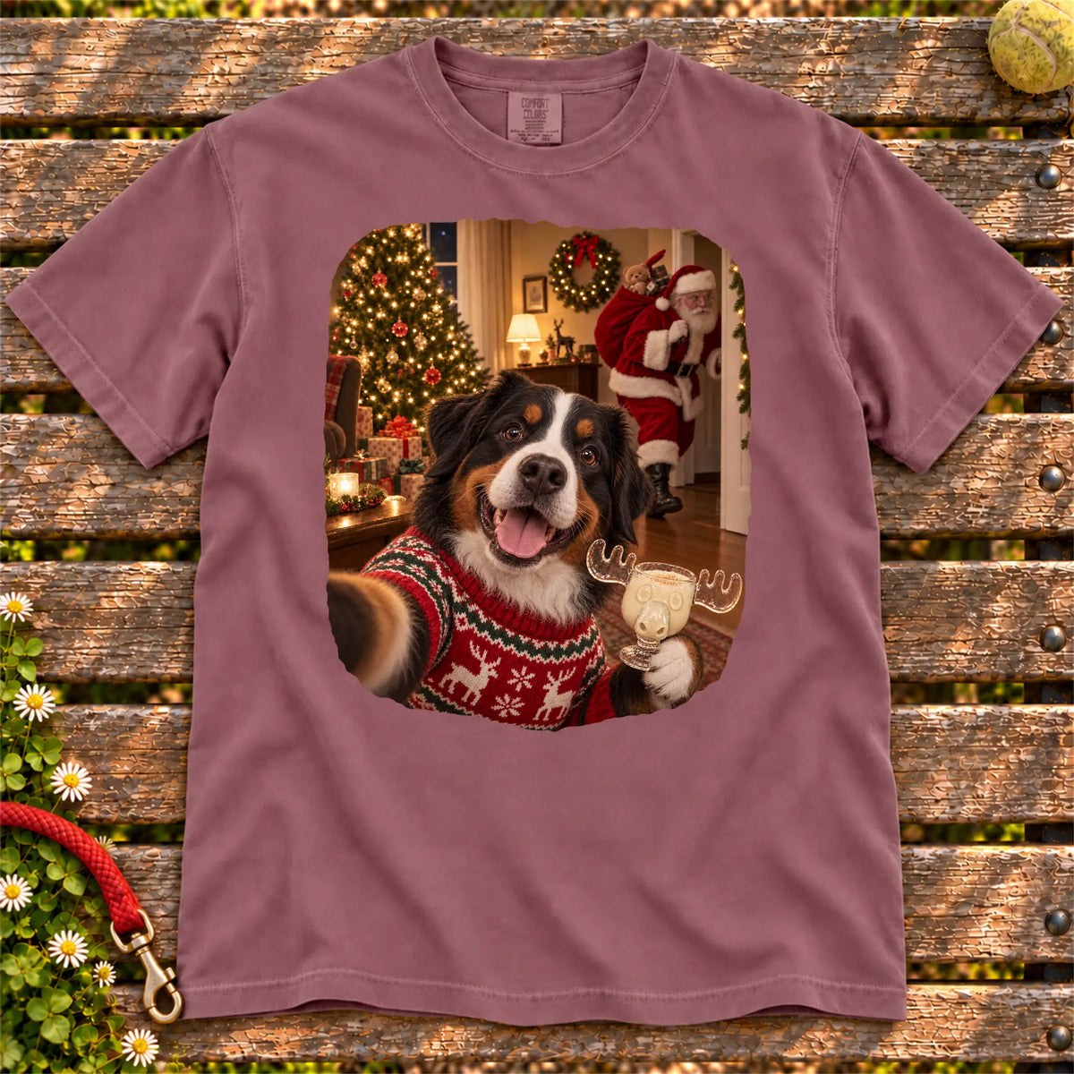 Bernese Mountain Dog Eggnog Selfie design on a Berry Comfort Colors® T-shirt