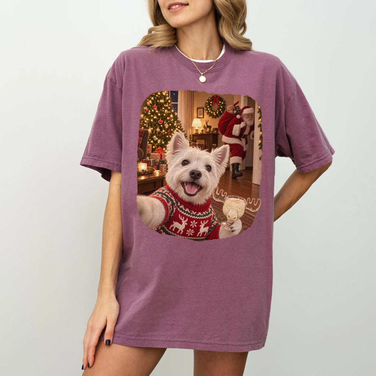 Westie Eggnog Selfie design on a Berry Comfort Colors® T-shirt worn by a model