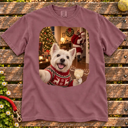 Westie Eggnog Selfie design on a Berry Comfort Colors® T-shirt