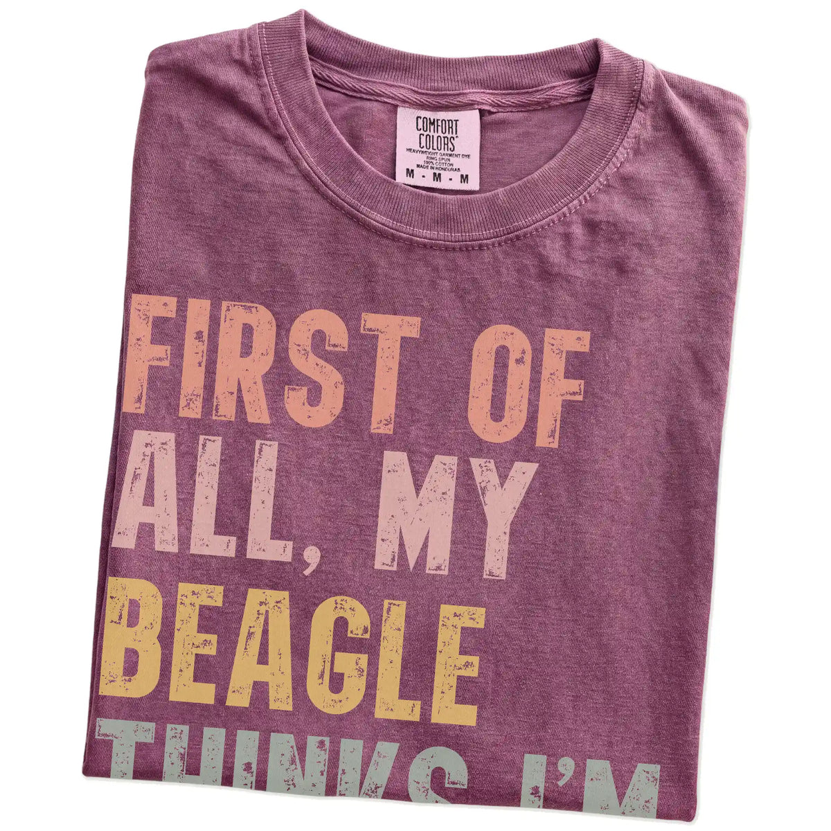 Folded Berry Comfort Colors® T-shirt showing “My Beagle thinks I’m delightful” text