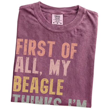 Folded Berry Comfort Colors® T-shirt showing “My Beagle thinks I’m delightful” text